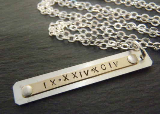 Roman numeral vertical bar necklace personalized mixed metal - Drake Designs Jewelry