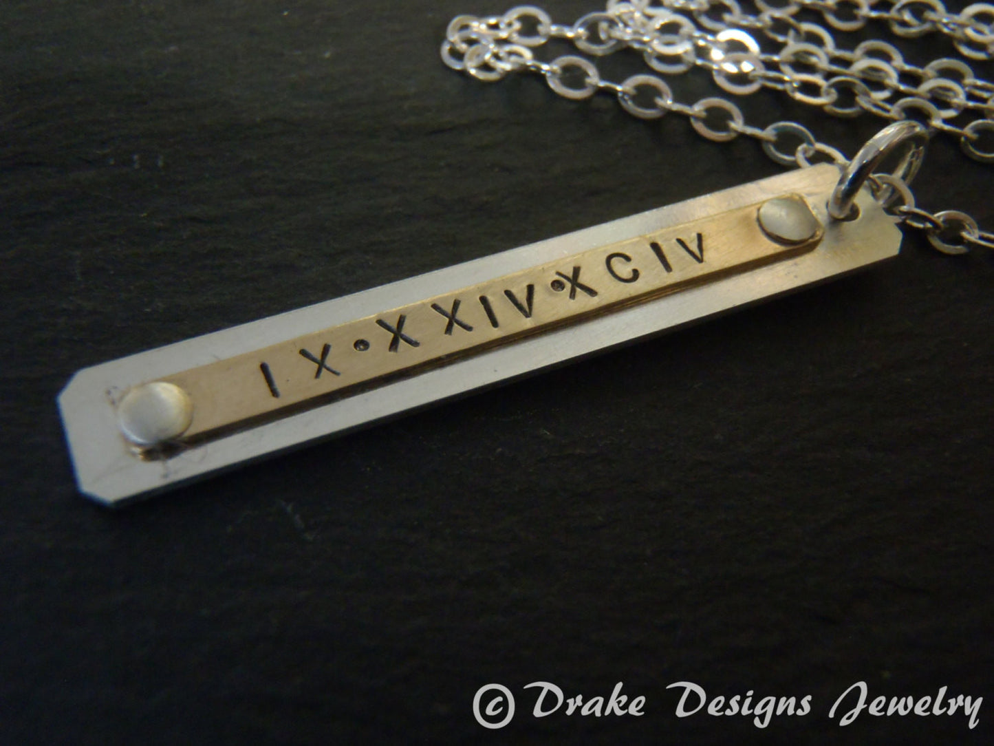 Roman numeral vertical bar necklace personalized mixed metal - Drake Designs Jewelry
