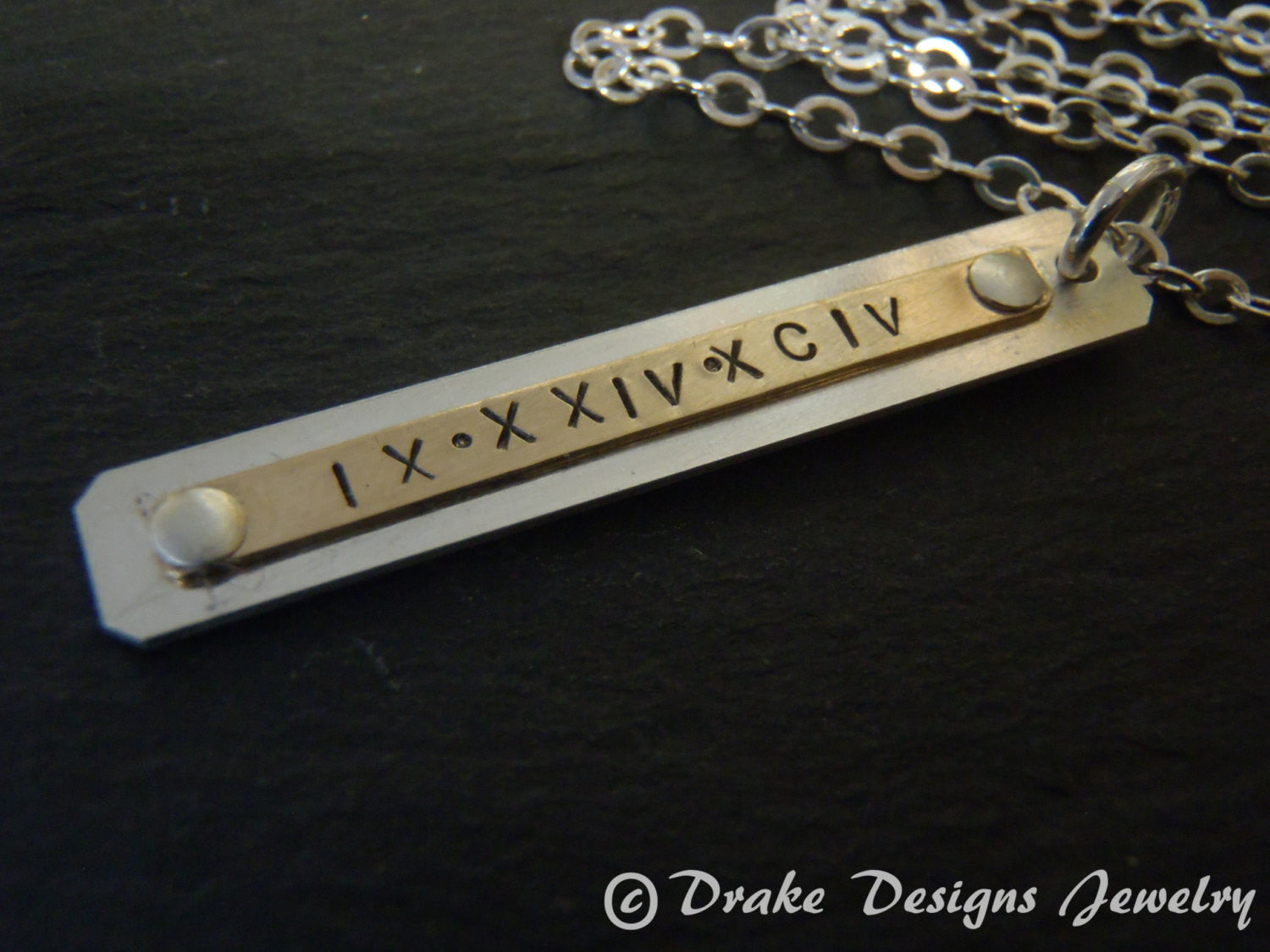 Roman numeral vertical bar necklace personalized mixed metal - Drake Designs Jewelry