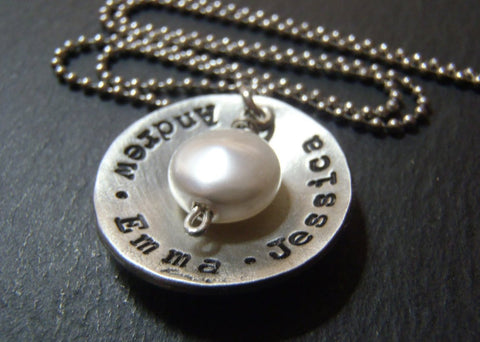 Rustic personalized mom necklace with kids names and pearl - hand stamped jewelry - Drake Designs Jewelry