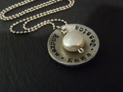 Rustic personalized mom necklace with kids names and pearl - hand stamped jewelry - Drake Designs Jewelry