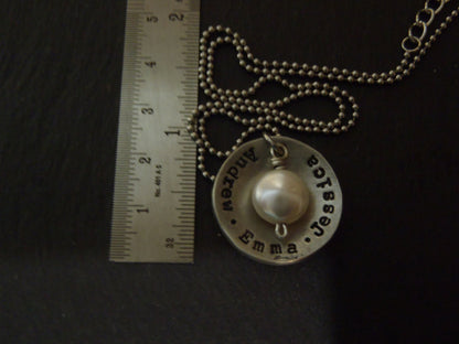 Rustic personalized mom necklace with kids names and pearl - hand stamped jewelry - Drake Designs Jewelry