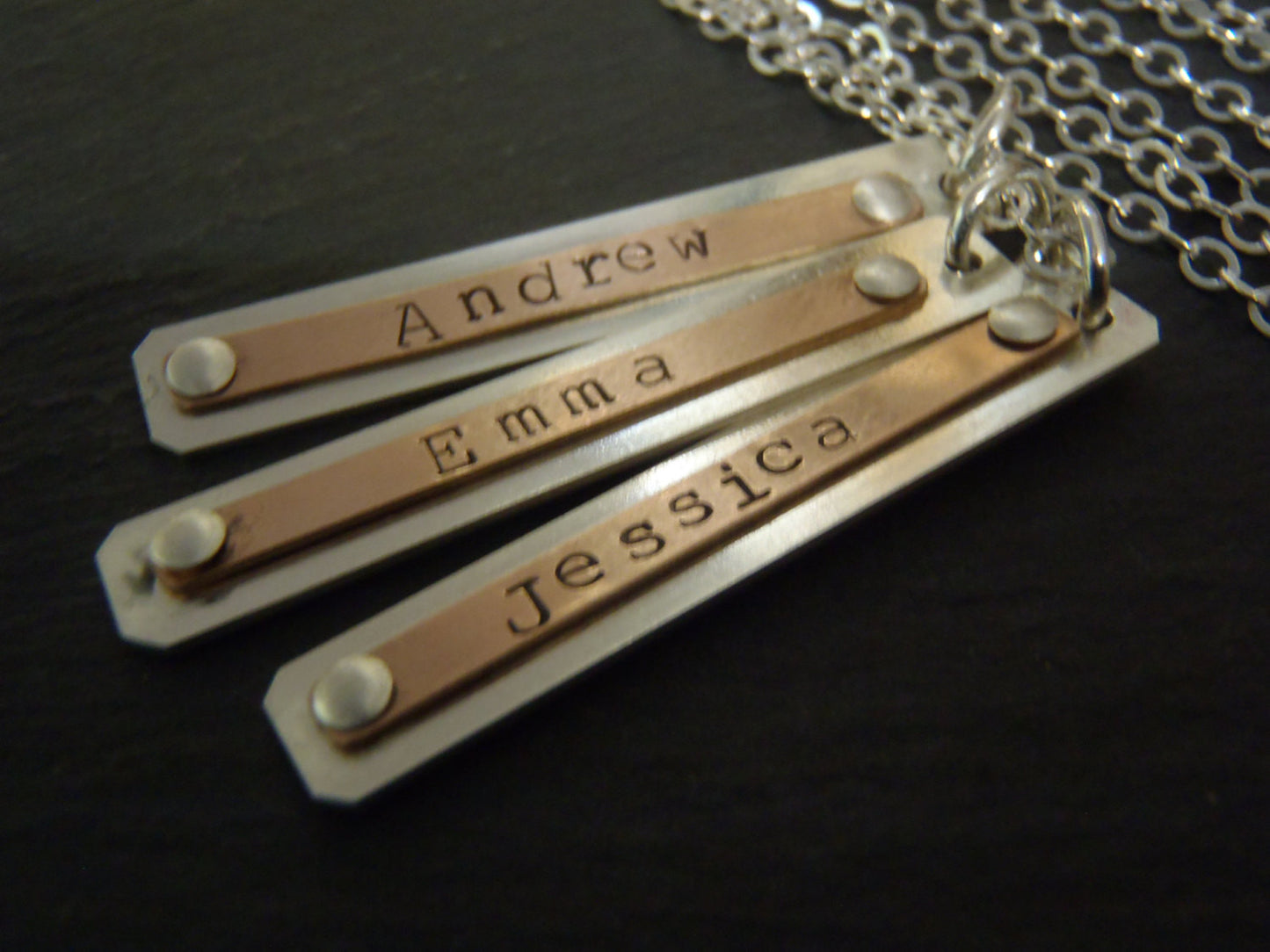 Silver and rose gold fill custom necklace with name mothers bar necklace - Drake Designs Jewelry