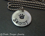 Personalized pet paw print necklace with pet's name hand stamped - Drake Designs Jewelry