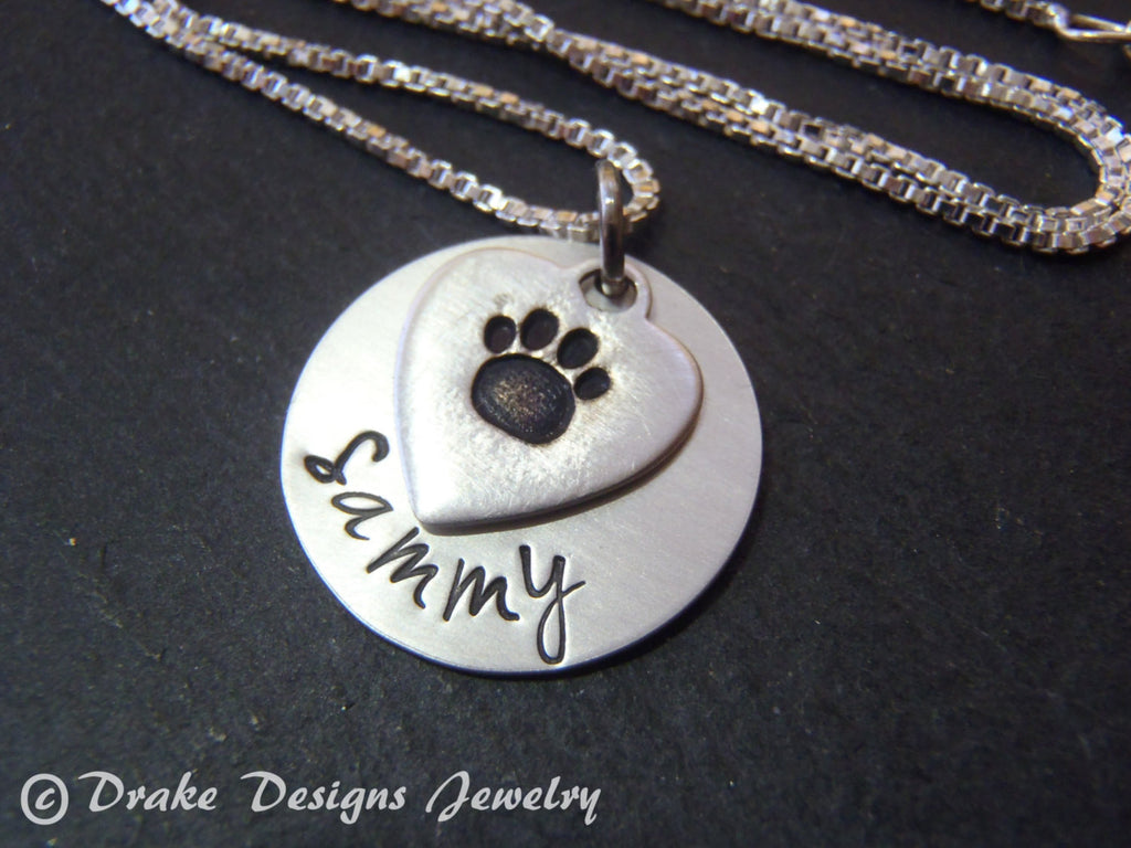 Sterling silver personalized pet memorial necklace dog pawprint necklace - Drake Designs Jewelry