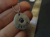 Personalized pet paw print necklace with pet's name hand stamped - Drake Designs Jewelry