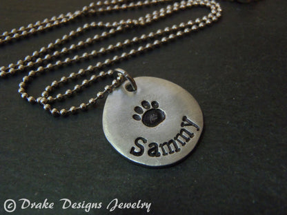 Personalized pet paw print necklace with pet's name hand stamped - Drake Designs Jewelry