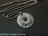 Personalized pet paw print necklace with pet's name hand stamped - Drake Designs Jewelry