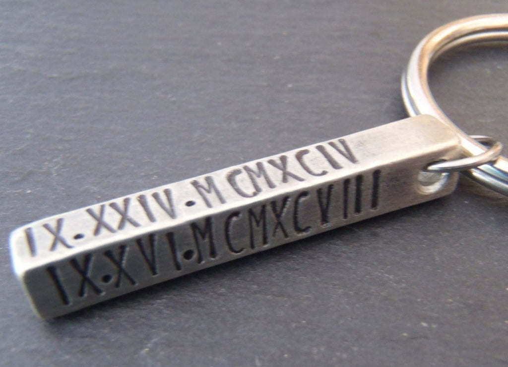 Roman Numeral 3D bar keychain personalized with hand stamped dates - Drake Designs Jewelry