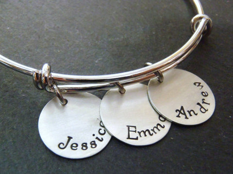 personalized mom bracelet with kid's names - hand stamped adjustable bange bracelet - Drake Designs Jewelry