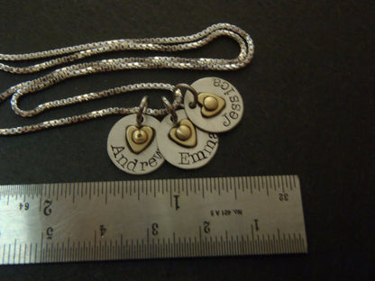 Sterling silver mom necklace with kids' names and heart on tiny personalized charms - Drake Designs Jewelry