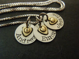Sterling silver mom necklace with kids' names and heart on tiny personalized charms - Drake Designs Jewelry