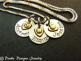 Sterling silver mom necklace with kids' names and heart on tiny personalized charms - Drake Designs Jewelry