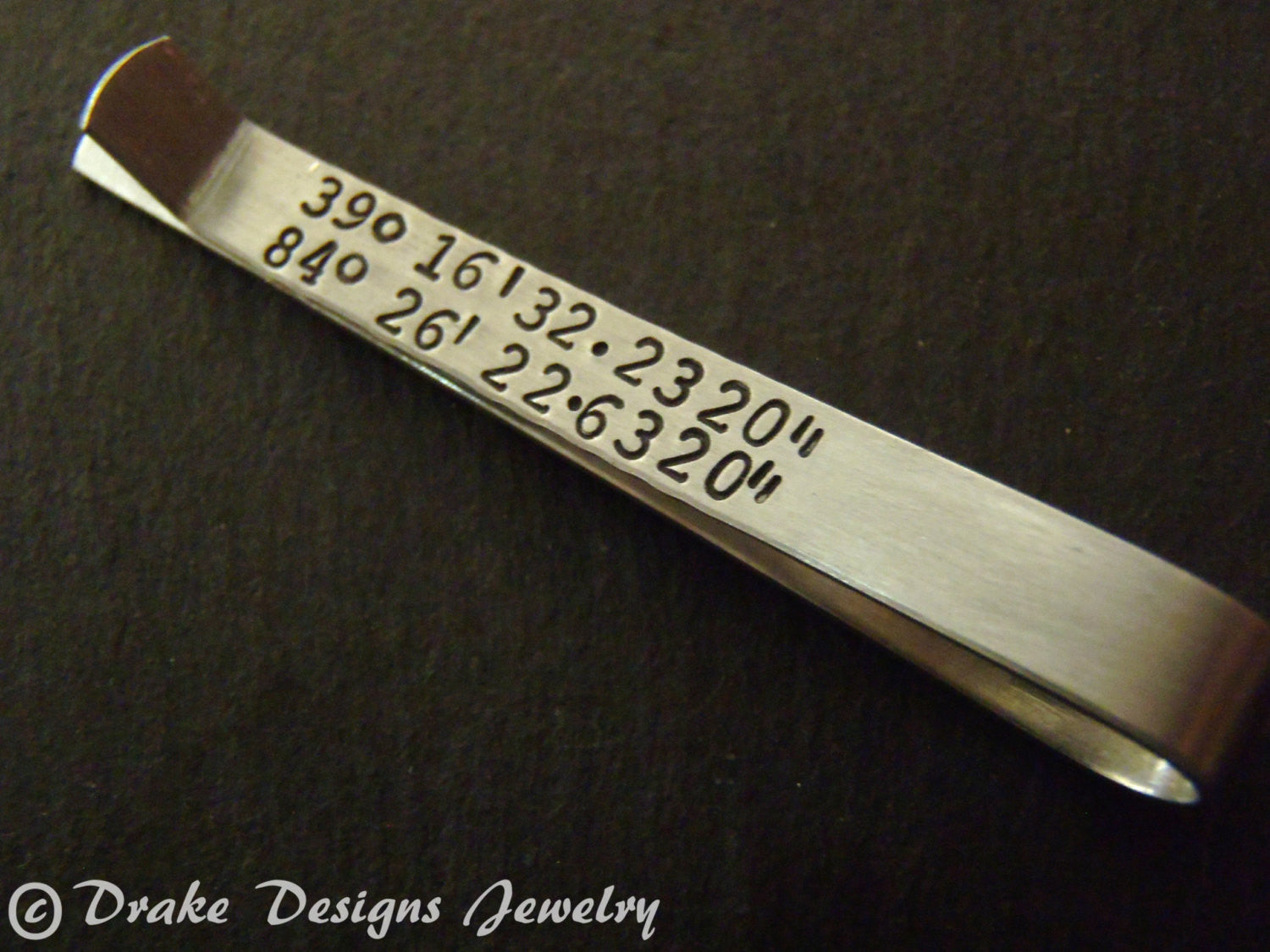 tie bar personalized with custom coordinates GPS latitude longitude Men's Tie Clip with secret Message - Drake Designs Jewelry