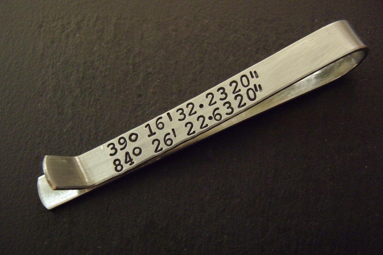 tie bar personalized with custom coordinates GPS latitude longitude Men's Tie Clip with secret Message - Drake Designs Jewelry