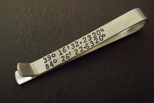 tie bar personalized with custom coordinates GPS latitude longitude Men's Tie Clip with secret Message - Drake Designs Jewelry