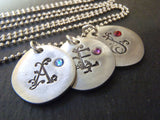 Mothers necklace with kid's initials and birthstones personalized and hand stamped - Drake Designs Jewelry