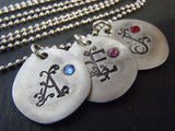 Mothers necklace with kid's initials and birthstones personalized and hand stamped - Drake Designs Jewelry