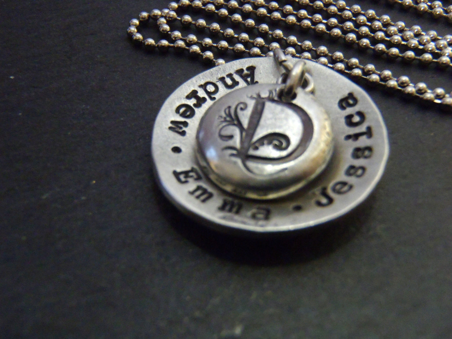 personalized family necklace for mom with hand stamped children's names and monogram initial - Drake Designs Jewelry