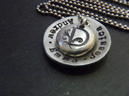 personalized family necklace for mom with hand stamped children's names and monogram initial - Drake Designs Jewelry