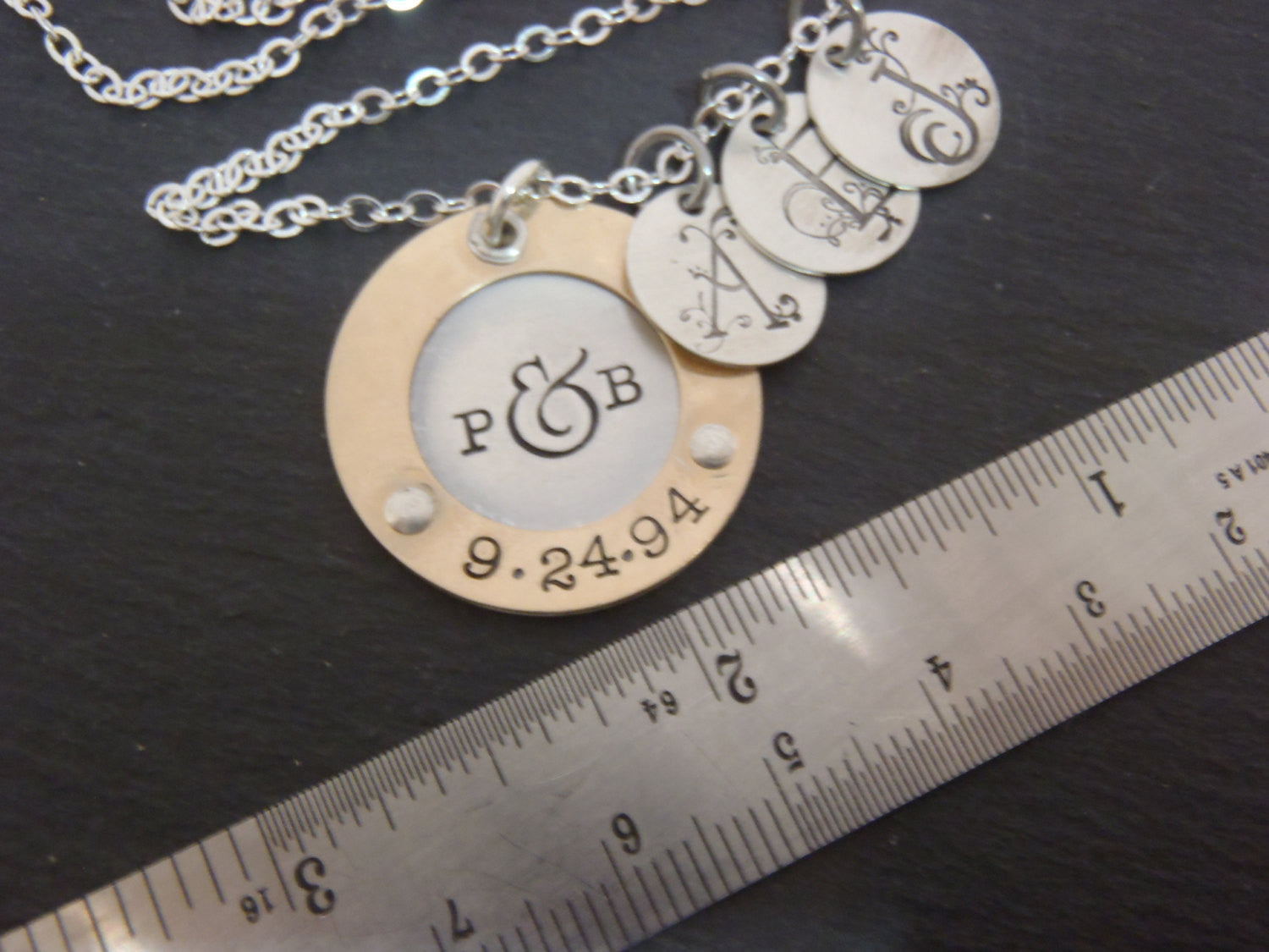 Mother's silver and gold necklace with children's initials - mixed metal sterling silver and 14k gold fill - Drake Designs Jewelry