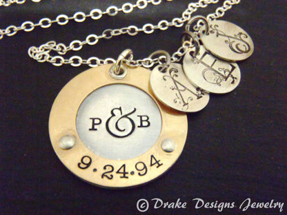 Mother's silver and gold necklace with children's initials - mixed metal sterling silver and 14k gold fill - Drake Designs Jewelry