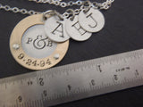 Personalized mixed metal mom necklace with initials and anniversary date hand stamped - gold and silver - Drake Designs Jewelry