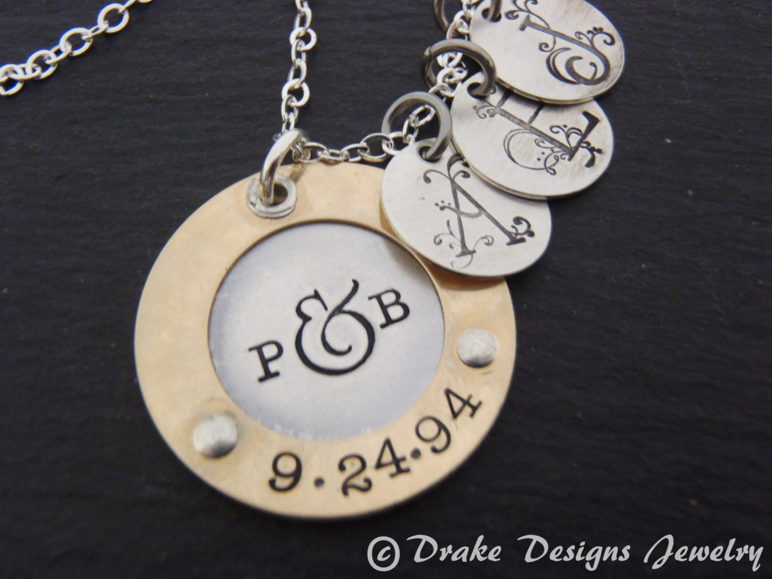 Mother's silver and gold necklace with children's initials - mixed metal sterling silver and 14k gold fill - Drake Designs Jewelry