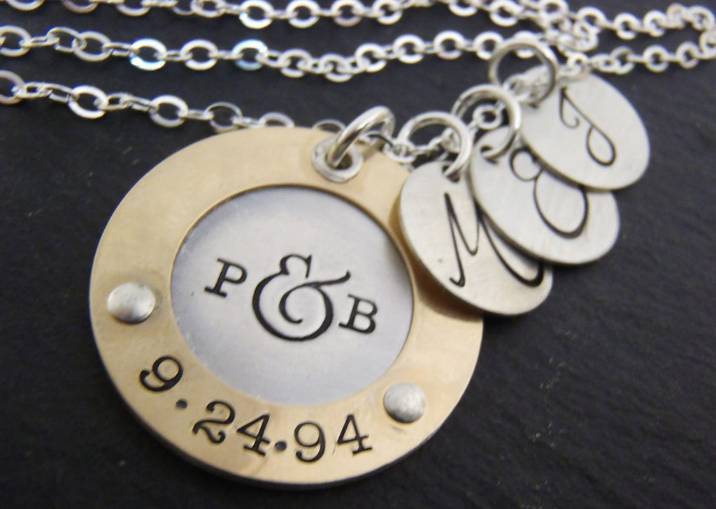 Personalized mixed metal Mother's Necklace with children's initials - Drake Designs Jewelry