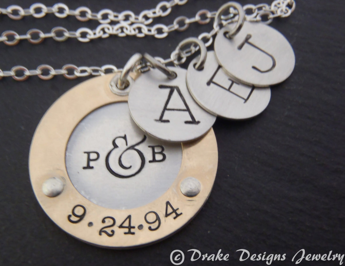 Personalized mixed metal mom necklace with initials and anniversary date hand stamped - gold and silver - Drake Designs Jewelry