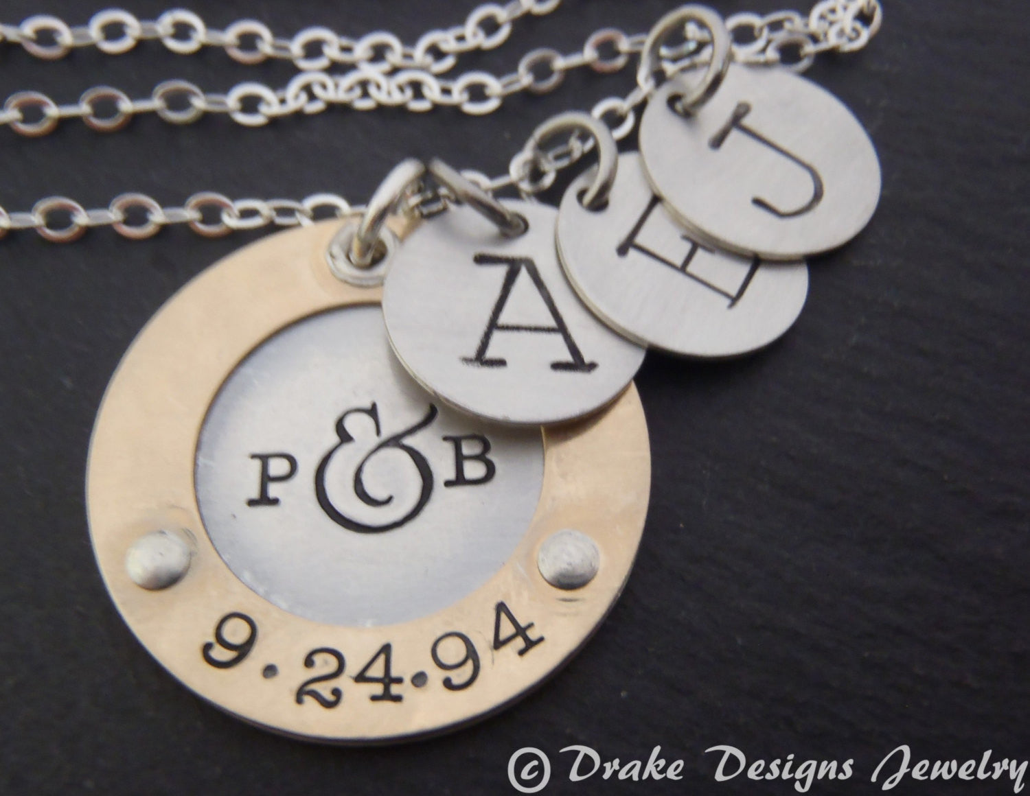Personalized mixed metal mom necklace with initials and anniversary date hand stamped - gold and silver - Drake Designs Jewelry