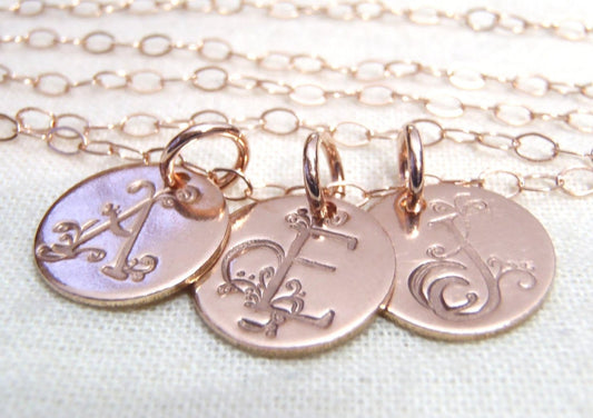 rose gold fancy initial necklace 14k gold fill personalized with ornate initial - Drake Designs Jewelry