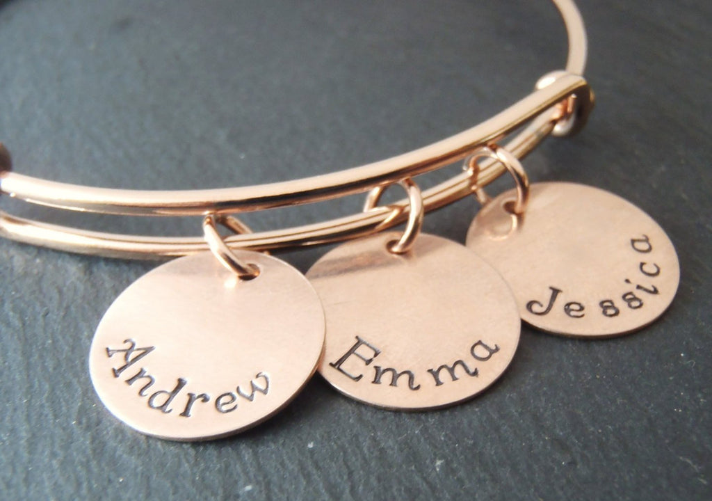 rose gold bangle mom bracelet with kid's names - Drake Designs Jewelry