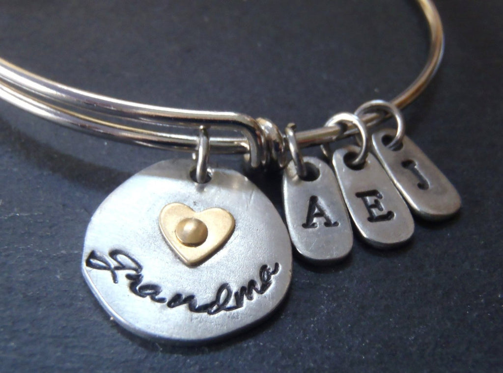 Personalized grandma bracelet - mixed metal bangle with grandkids initials - Drake Designs Jewelry