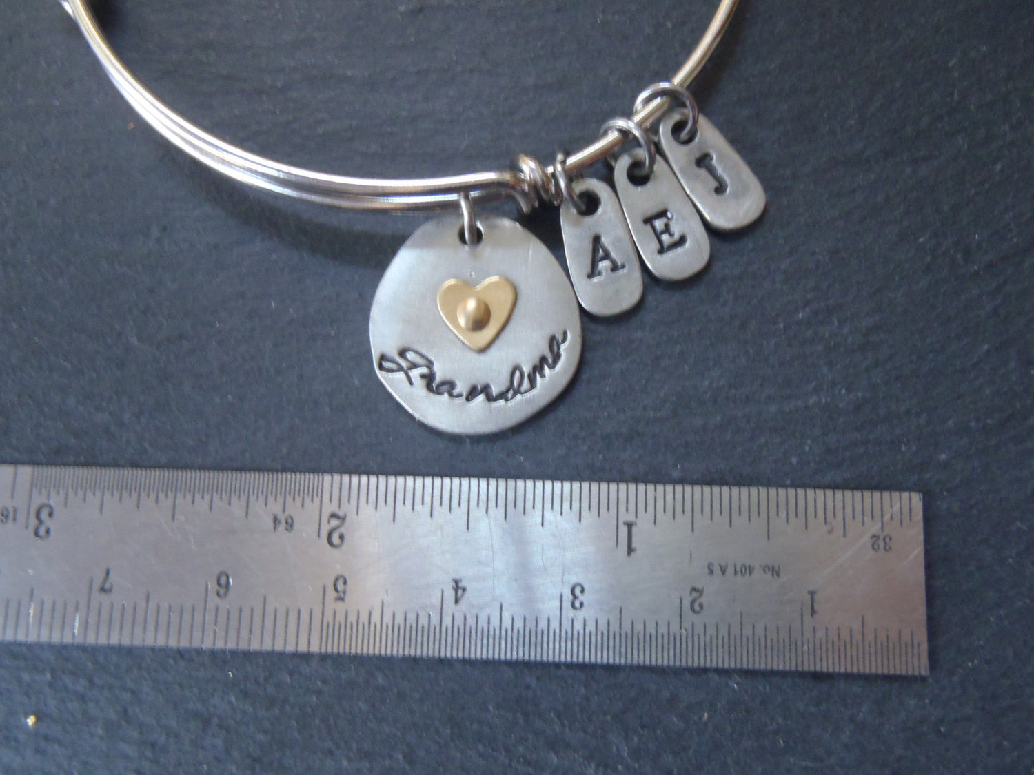 Personalized grandma bracelet - mixed metal bangle with grandkids initials - Drake Designs Jewelry