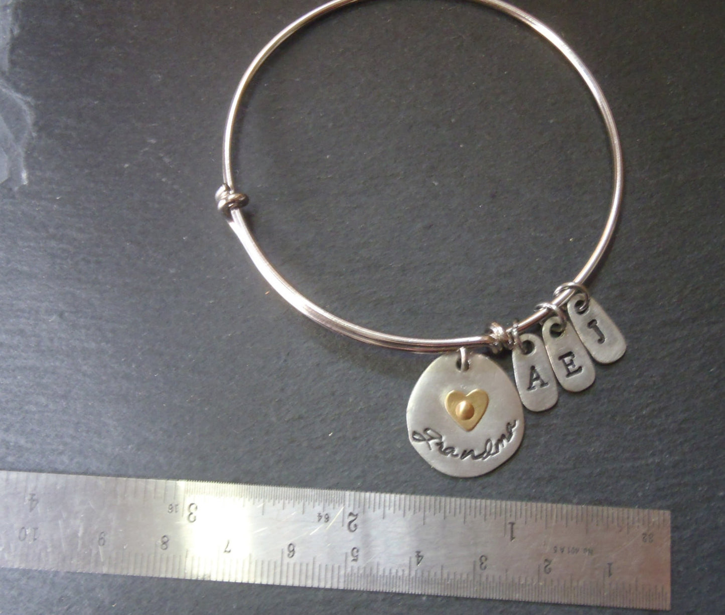 Personalized grandma bracelet - mixed metal bangle with grandkids initials - Drake Designs Jewelry
