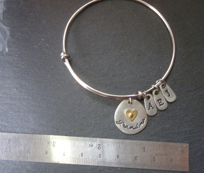 Personalized grandma bracelet - mixed metal bangle with grandkids initials - Drake Designs Jewelry