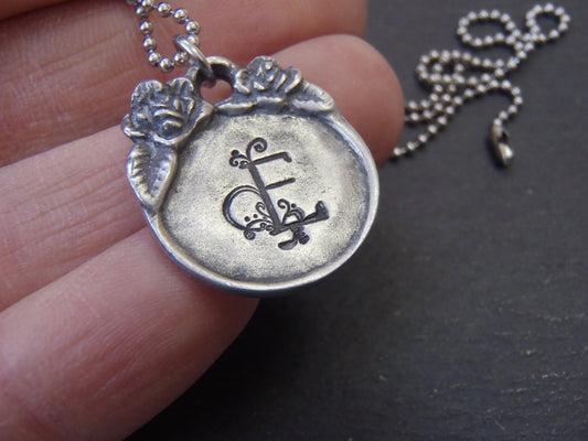 Vintage Style Initial Necklace Personalized with Raised Rim Edge and Sculptural Floral Rose - Flourished Initial - Drake Designs Jewelry