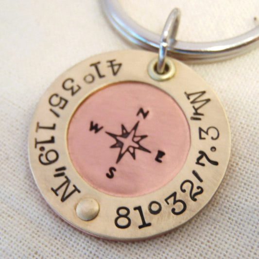 travel gift Mens personalized custom coordinates Latitude longitude compass keychain - Drake Designs Jewelry
