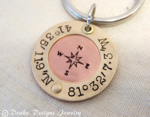 travel gift Mens personalized custom coordinates Latitude longitude compass keychain - Drake Designs Jewelry