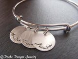 Mother's bracelet with children's name charms in script font on an adjustable bangle bracelet - Drake Designs Jewelry