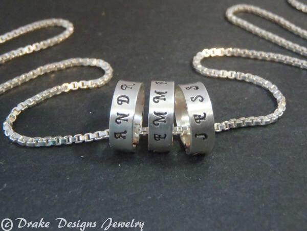 tiny hand stamped name charms on  Sterling silver mothers necklace personalized with kids names - Drake Designs Jewelry
