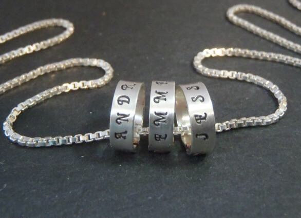 tiny hand stamped name charms on  Sterling silver mothers necklace personalized with kids names - Drake Designs Jewelry