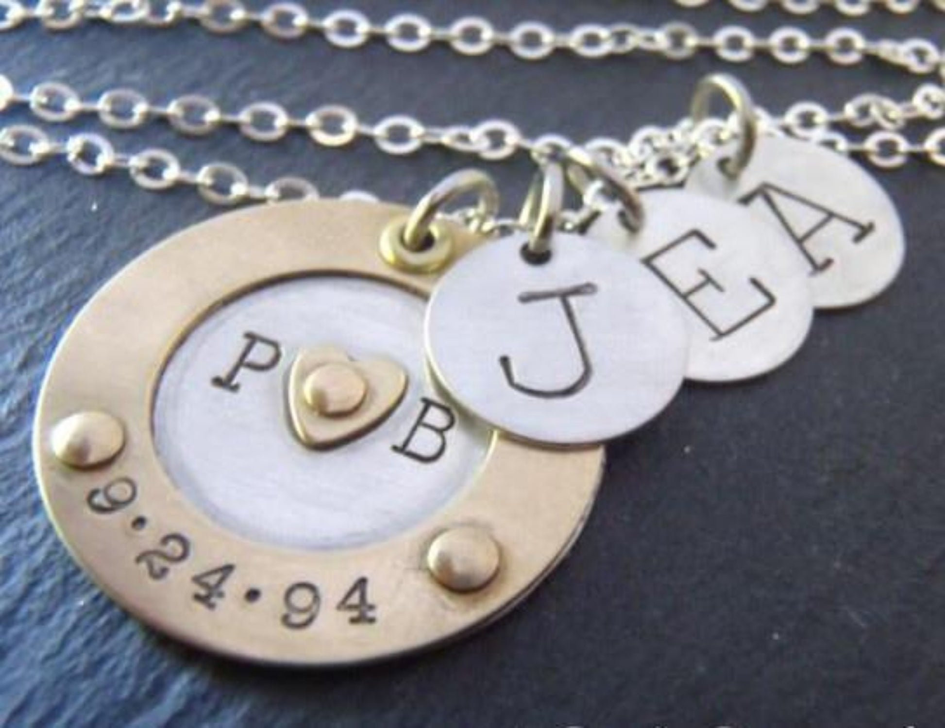 Family initial necklace for mom with kids' initial charms and anniversary date - Drake Designs Jewelry