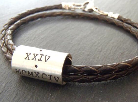 Mens leather bracelet for women or men - Roman Numeral jewelry - Drake Designs Jewelry