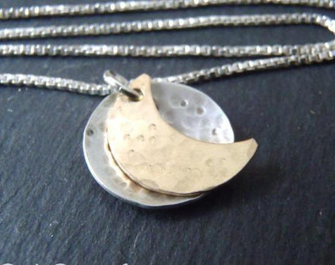 silver and gold fill moon necklace. full and crescent moon phase necklace - Drake Designs Jewelry