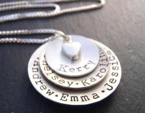 Layered mom necklace with names. Hand crafted from solid Sterling silver, slightly concave with a heart nestled at the center - Drake Designs Jewelry