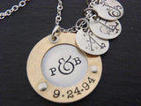 Mother's silver and gold necklace with children's initials - mixed metal sterling silver and 14k gold fill - Drake Designs Jewelry