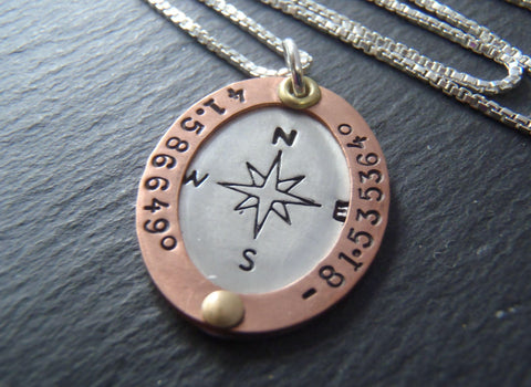 Personalized compass necklace with custom coordinates - Latitude and longitude jewelry - Drake Designs Jewelry