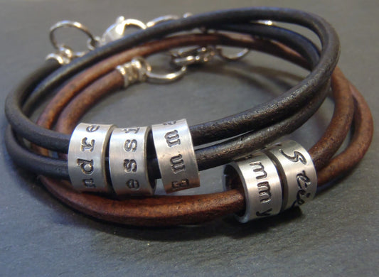 Personalized leather bracelet with name charms for men - Drake Designs Jewelry
